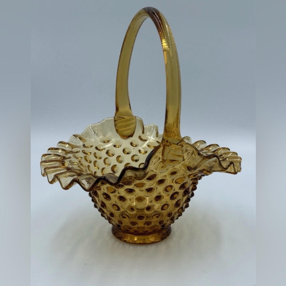 Vintage Amber Hobnail Glass Basket Ruffled Edge Applied Handle Candy Dish - Picture 3 of 9